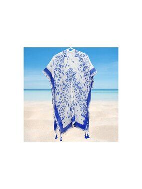Blue & White Beachwear Kimono Cover-Up Tassels Leopard Cruise Vacation Boho New